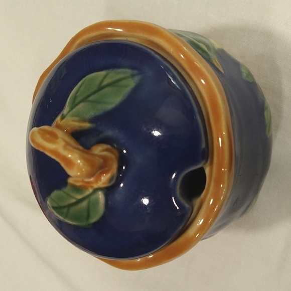 Henriksen Navy blue majolica jam sugar pot bird branches hand painted stoneware - Picture 2 of 8